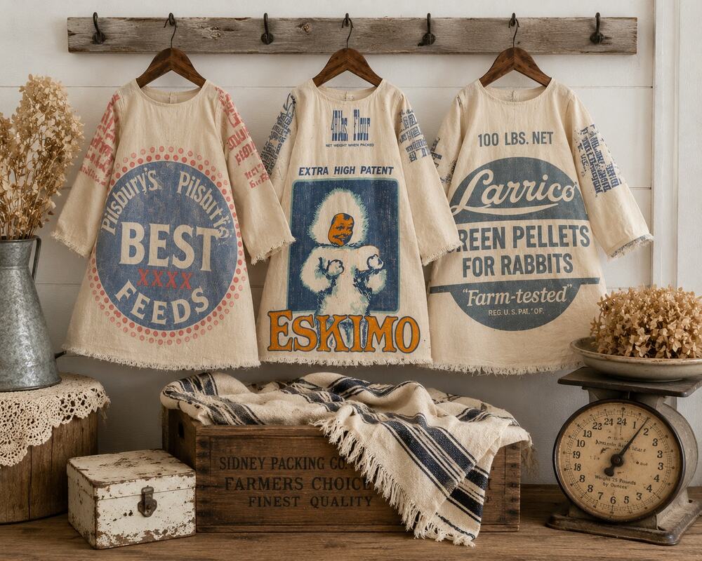 Vintage Handmade Flour Sack Dresses Lot Of 3 Primitive Farmhouse Child Decor